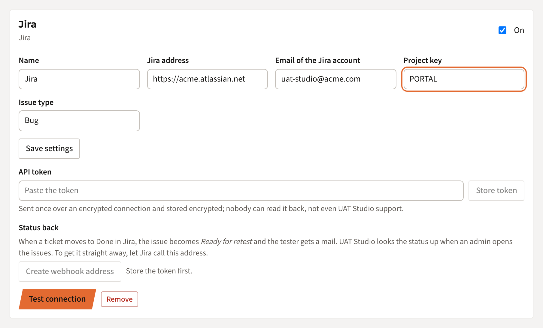 The Jira connection card with the address, email, project key and issue type filled in