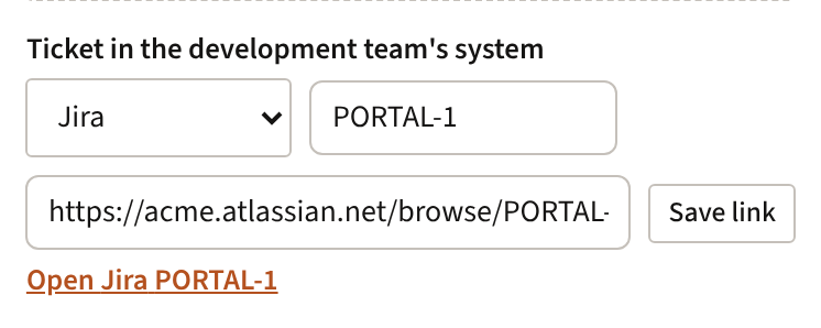 The issue panel after sending: linked to Jira ticket PORTAL-1, with a link Open Jira PORTAL-1