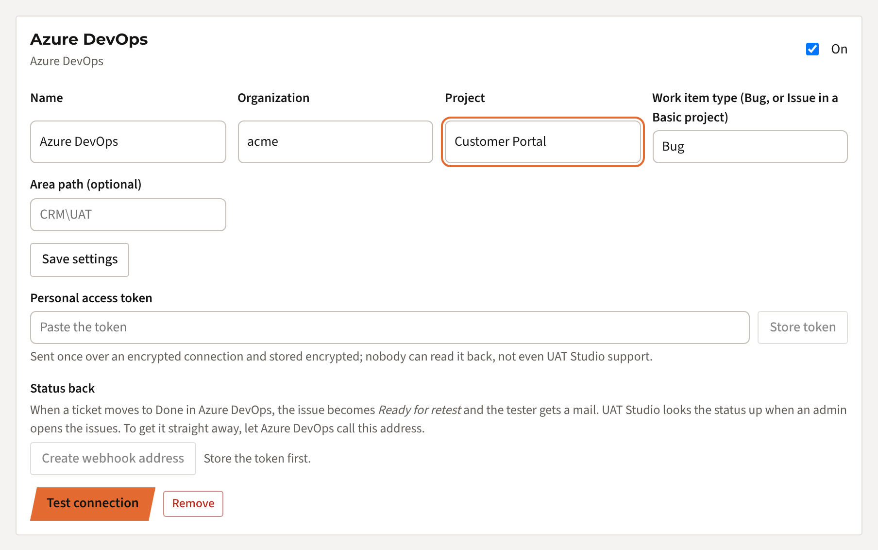 The Azure DevOps connection card with organization acme, project Customer Portal and work item type Bug