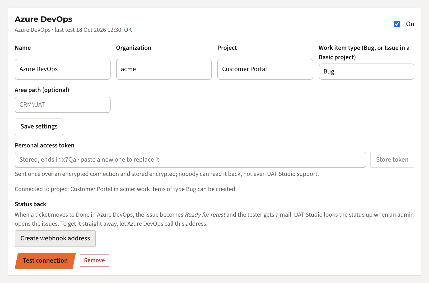 The connection card after a successful test: last test OK, connected to project Customer Portal in acme