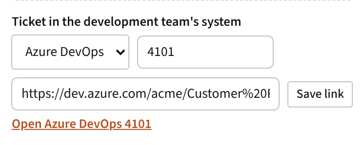 The issue panel after sending: linked to Azure DevOps work item 4101, with a link to open it