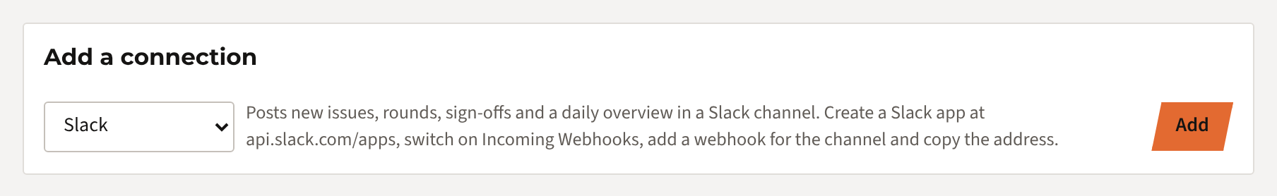 Add a connection: Slack chosen, with the Add button