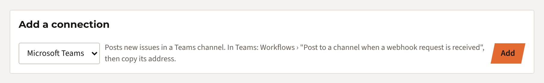 Add a connection: Microsoft Teams chosen, with the Add button