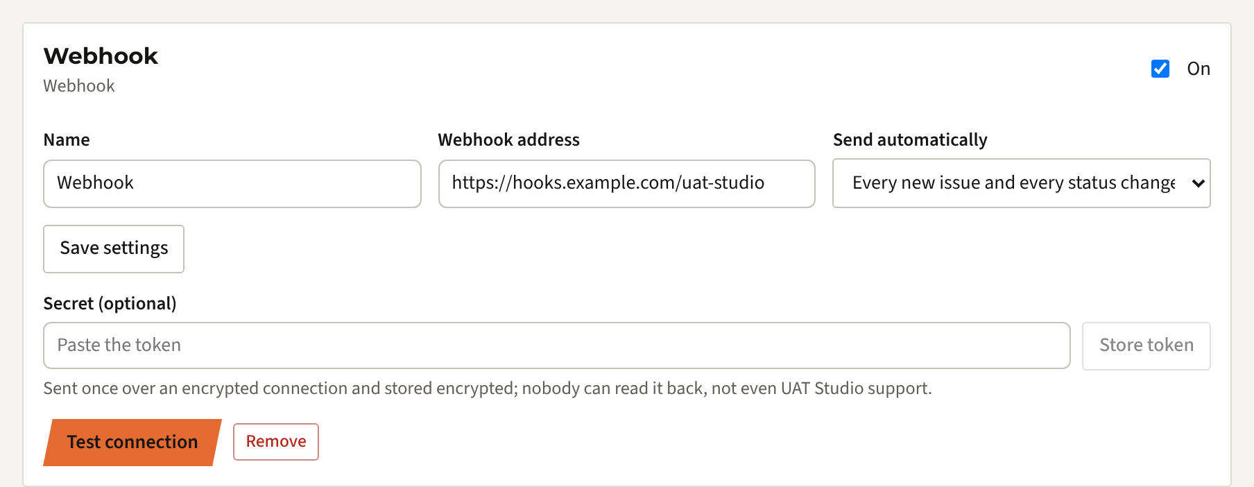 The Webhook connection: address filled in, Send automatically set to every new issue and every status change